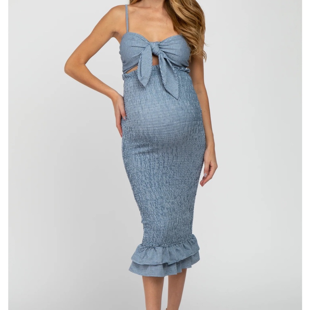 Blue front tie maternity dress from Pink Blush